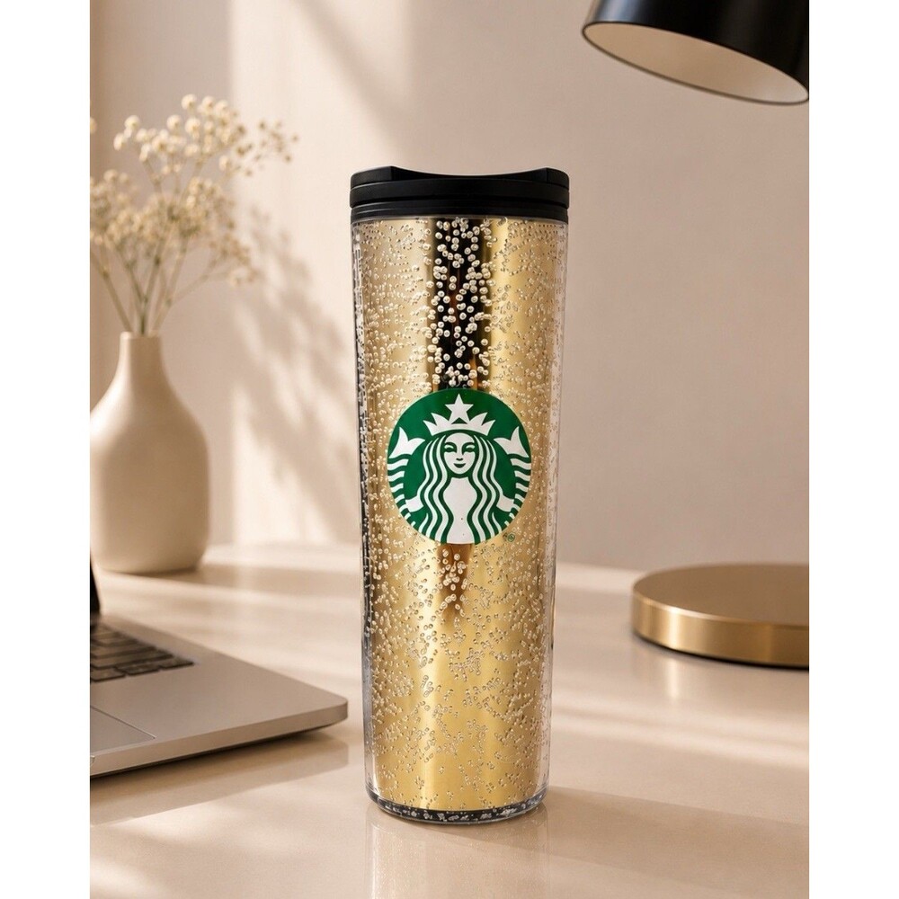 Starbucks Tumbler Gold Black 16oz Bubble Travel Mug Coffee Cup Gifts Reusable